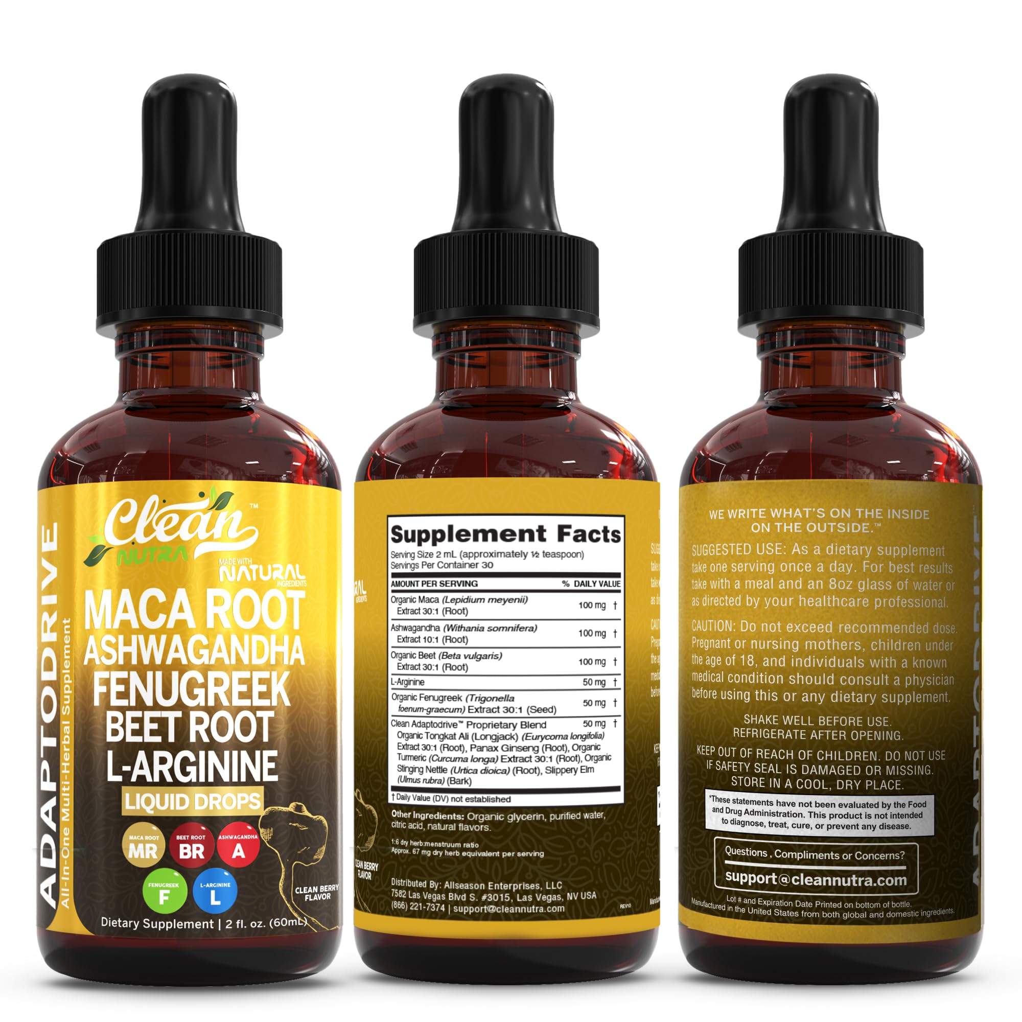Clean Nutra Organic Maca Root Liquid Drops with Ashwagandha, Fenugreek, Beet Root and L-Arginine Liquid Multivitamin for Women and Men - Adapto Drive
