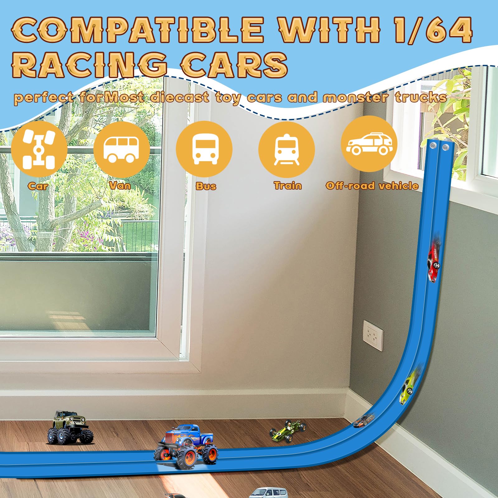 Flex Track 15 Ft Starter Set, Flexible Race Car Ramp Track for Ages 3 & Up with Suction Cups Compatible with Hot Wheels and Diecast 1/64th Cars