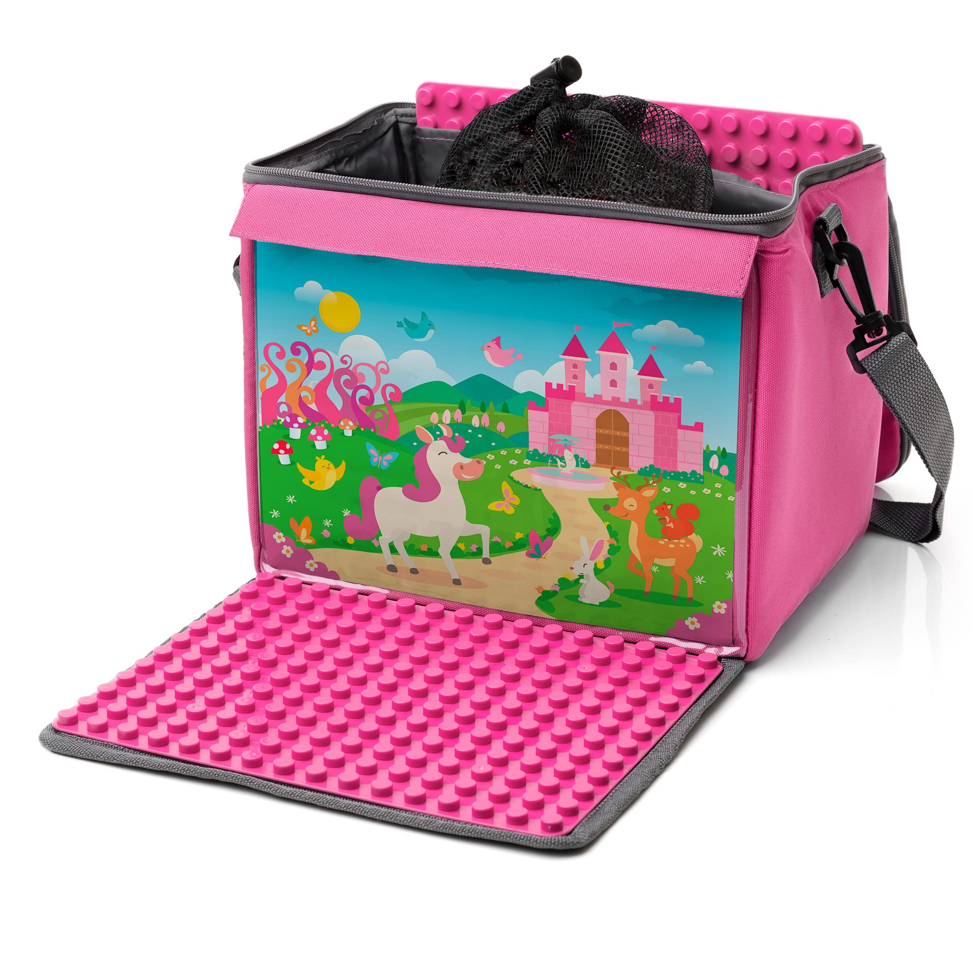 fantifant Toy brick bag with fold-out building plate | princess pink XL | compatible with LEGO Duplo and other bricks of big size | with mesh bags
