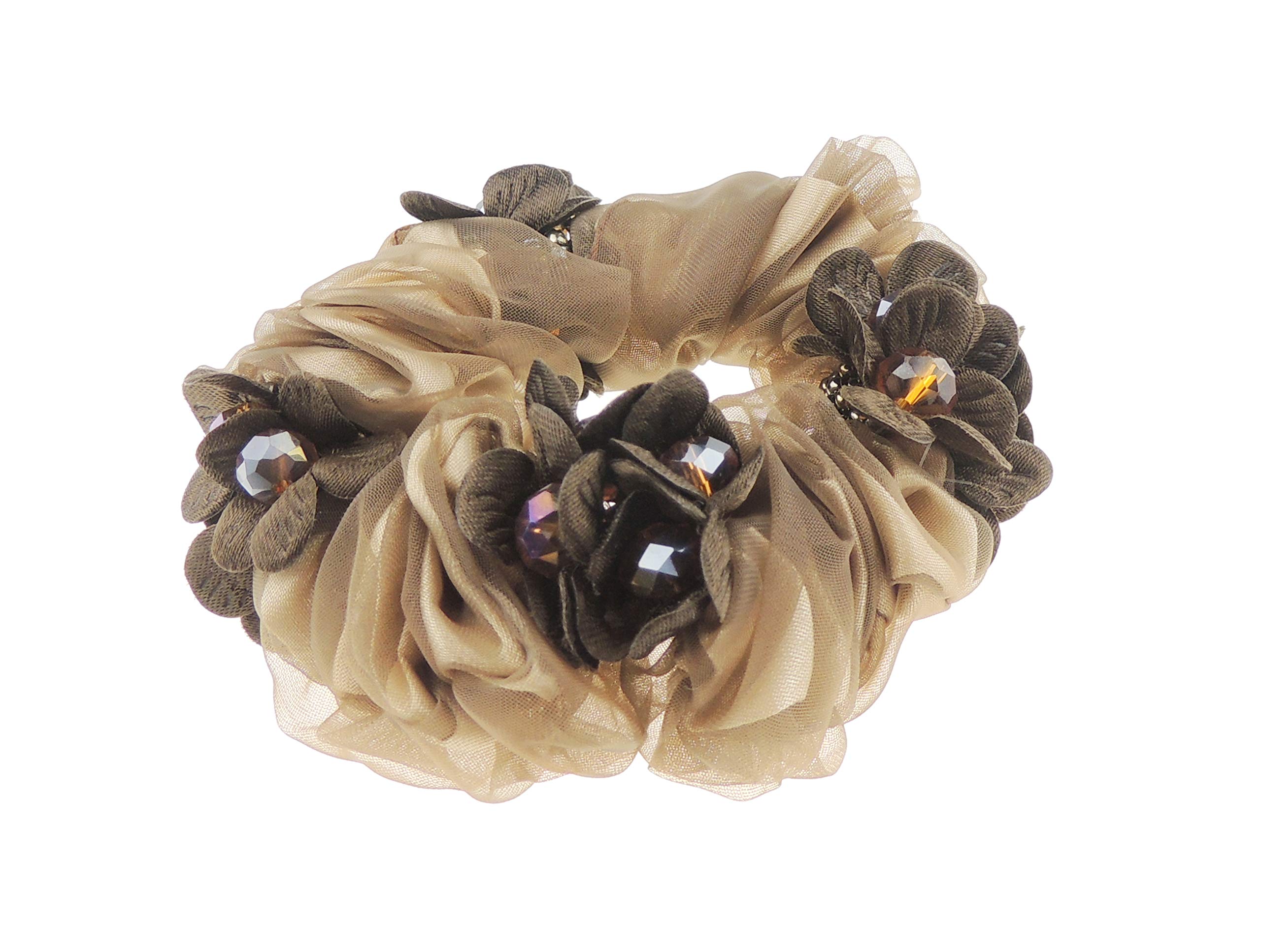 Womens Girls Chiffon Beaded Floral Fabric Scrunchie Christmas Birthday Bridal Wedding Party Ponio Hair Tie Up Back Elastic Accessories Bobbles Ponytail Holder Rubber Bands (Cluster Chocolate)