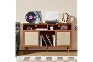 XUZENEST Large Record Player Stand, Mid Century Turntable Stand with Storage, Record Player Table with Slide Door, Vinyl Record Storage with Vinyl Display Shelf Holds Up to 400 Albums for Living Room (Walnut)