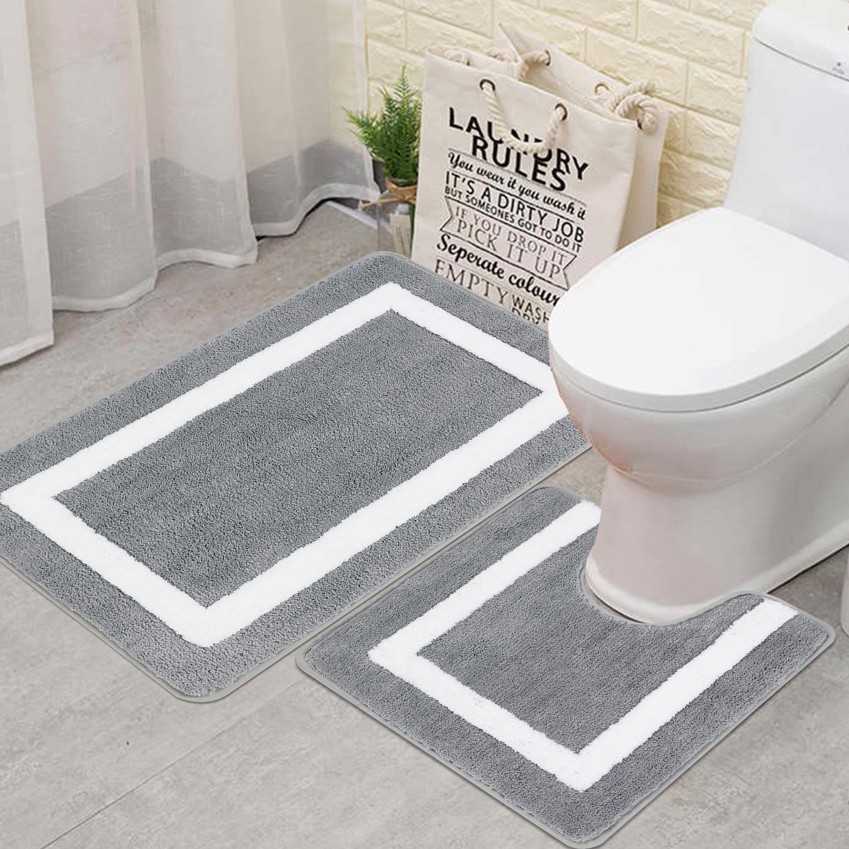 Famibay Bath Mat Set 2 Piece Non Slip Bathroom Mat and Toliet Mats Set Washable Soft Bath Mats for Bathroom Floor Microfiber Absorbent Grey