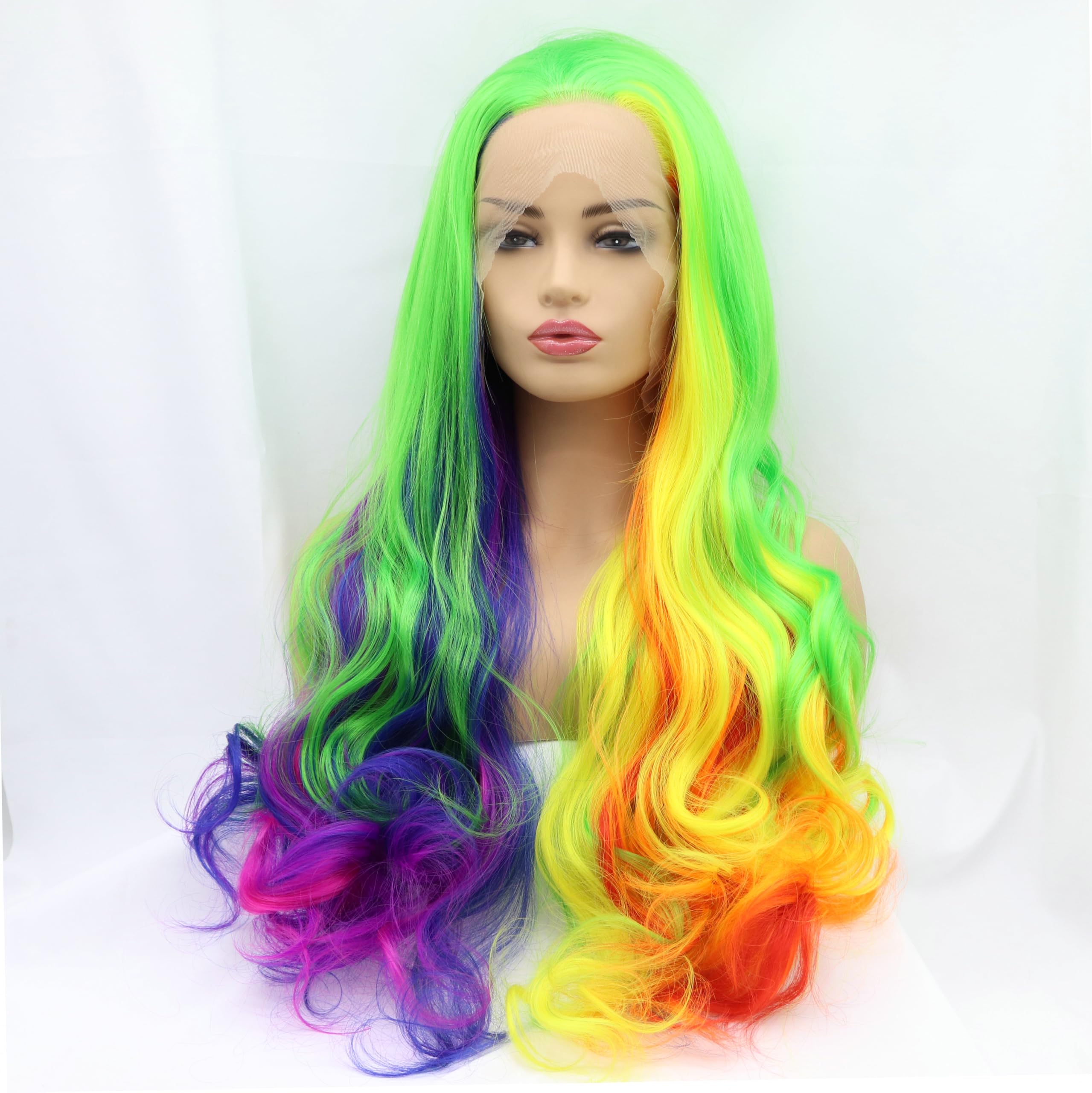 Xiweiya Wigs Yellow to Purple Neon Green Mix Purple Pink Wig Long Wave Synthetic Lace Front Wig Natural Wavy Rainbow Hair with Heat Resistant for Women,Drag Queen