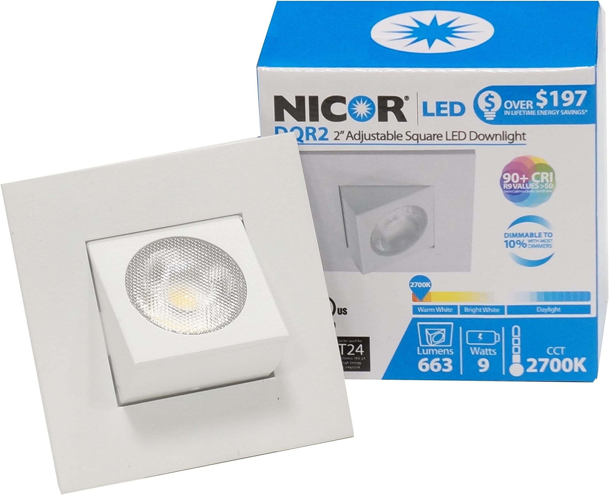 NICOR Lighting 2 inch Square Eyeball LED Downlight in White, 2700K (DQR2-AA-10-120-2K-WH)