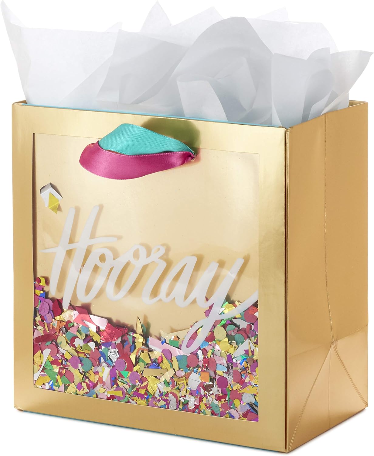 Hallmark Signature 7" Medium Gift Bag with Tissue Paper (Hooray; Gold with Pink, Teal, Purple Confetti) for Bridal Showers, Graduations, Retirements and More: Kitchen & Dining