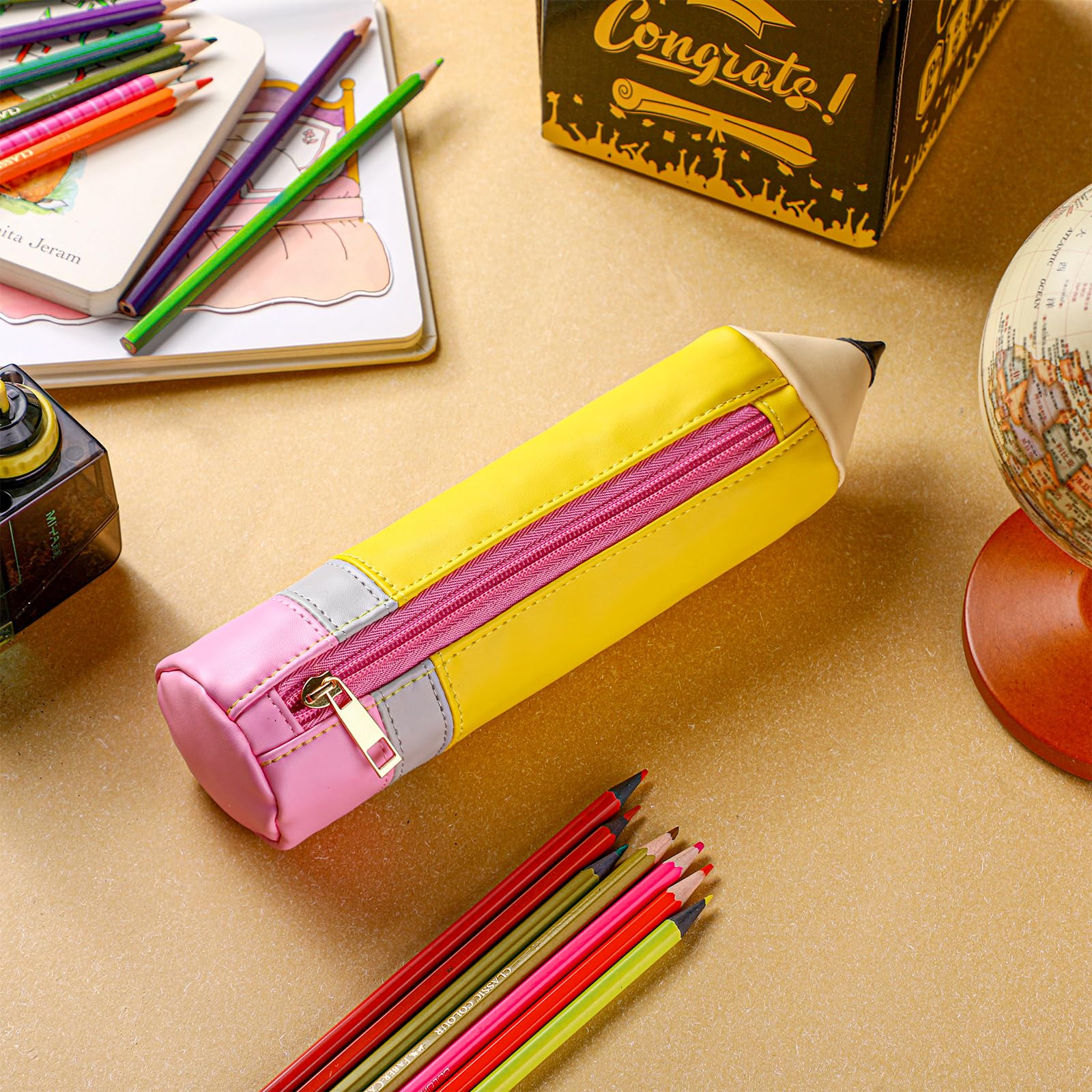 Kisston 1 Pcs Pencil Shaped Case, Leather Teacher Pencil Pouch, Cute 3D Dimensional Pen Holder with Zipper, Funny Large Capacity Pen Bag for Teacher Gifts (Classic)
