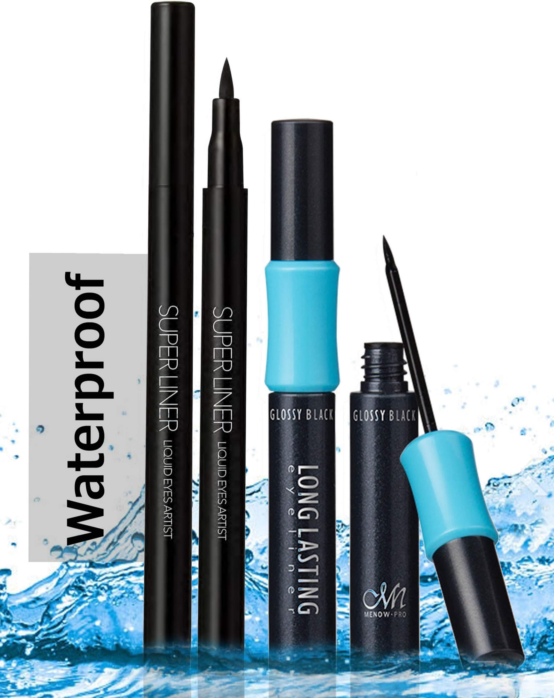 Waterproof Eyeliner- Set of Two Styles of Black Liquid Eye liners, Draw Soft or Sharp Lines of Eyelines with Menow Superline Pen and Menow Long lasting Fluid liner, Lasts Upto 12 Hours.