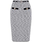 Allegra K Pencil Skirt for Women Knee Length High Waisted Tweed Skirt Button Decor Bodycon Office Work Skirts with Belt