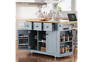 Amposei Kitchen Storage Island on Wheels with Drop Leaf & Power Outlet, Rolling Kitchen Island Cart with Open Side Racks, Door Shelves and Towel Bar, 53-Inch, Gray Blue