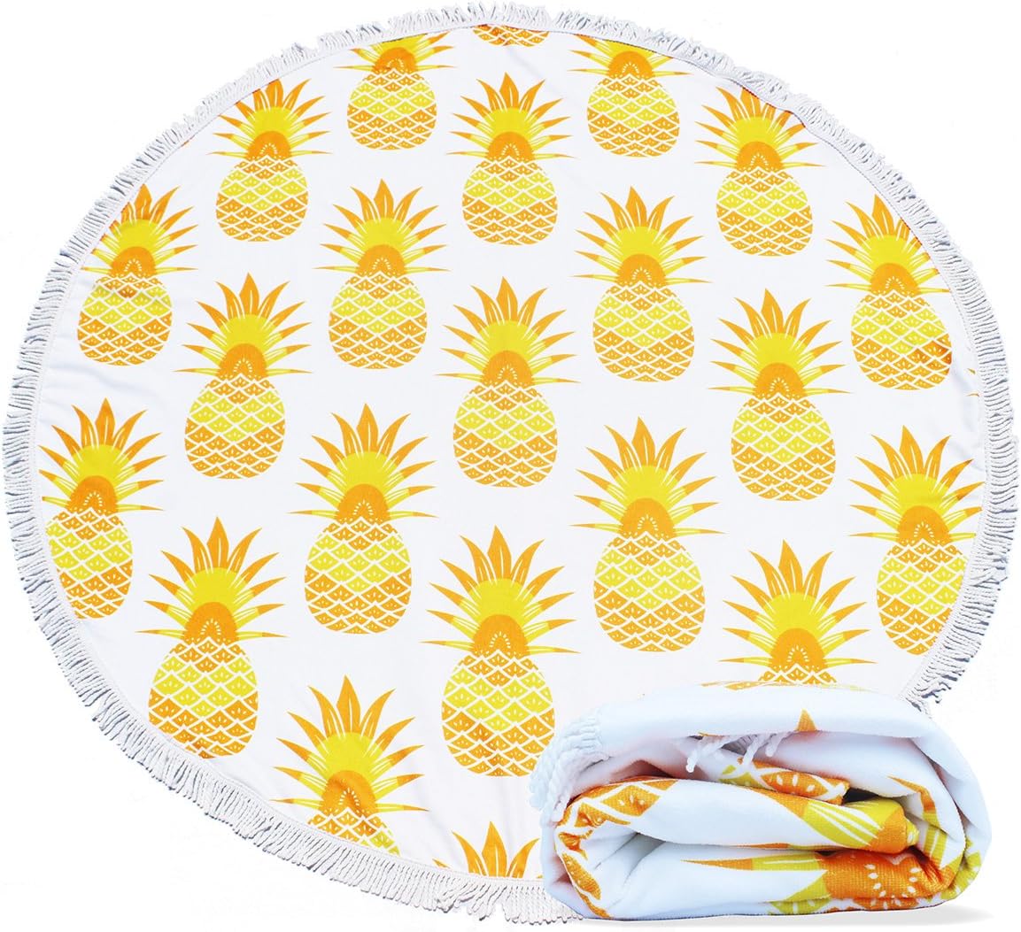 Filly Wink Round Beach Towel Oversized, Pineapple Microfiber Thick Beach Blanket Roundie Tapestry Throw Yoga Picnic Mat with Tassels Ultra Soft Room Decor Multi-Purpose Towel 59 inch Yellow