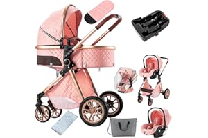 SUTTONBEBE 3 in 1 Baby Travel System Reversible Baby Stroller Pushchair Portable Baby Standard Pram Buggy Baby Carriage Foldable Luxury Baby High Landscape Pram for Toddler Newborn (UDV9-PINK with Base)