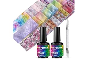 BURANO Nail Foil Glue Gel, with 40PCS Foil Sticker 15ML 2 Bottles Foil Gel, Nail Foils Nail Art Gel Nails Foil with Pen Designer Adhesive Transfer Nails Foil
