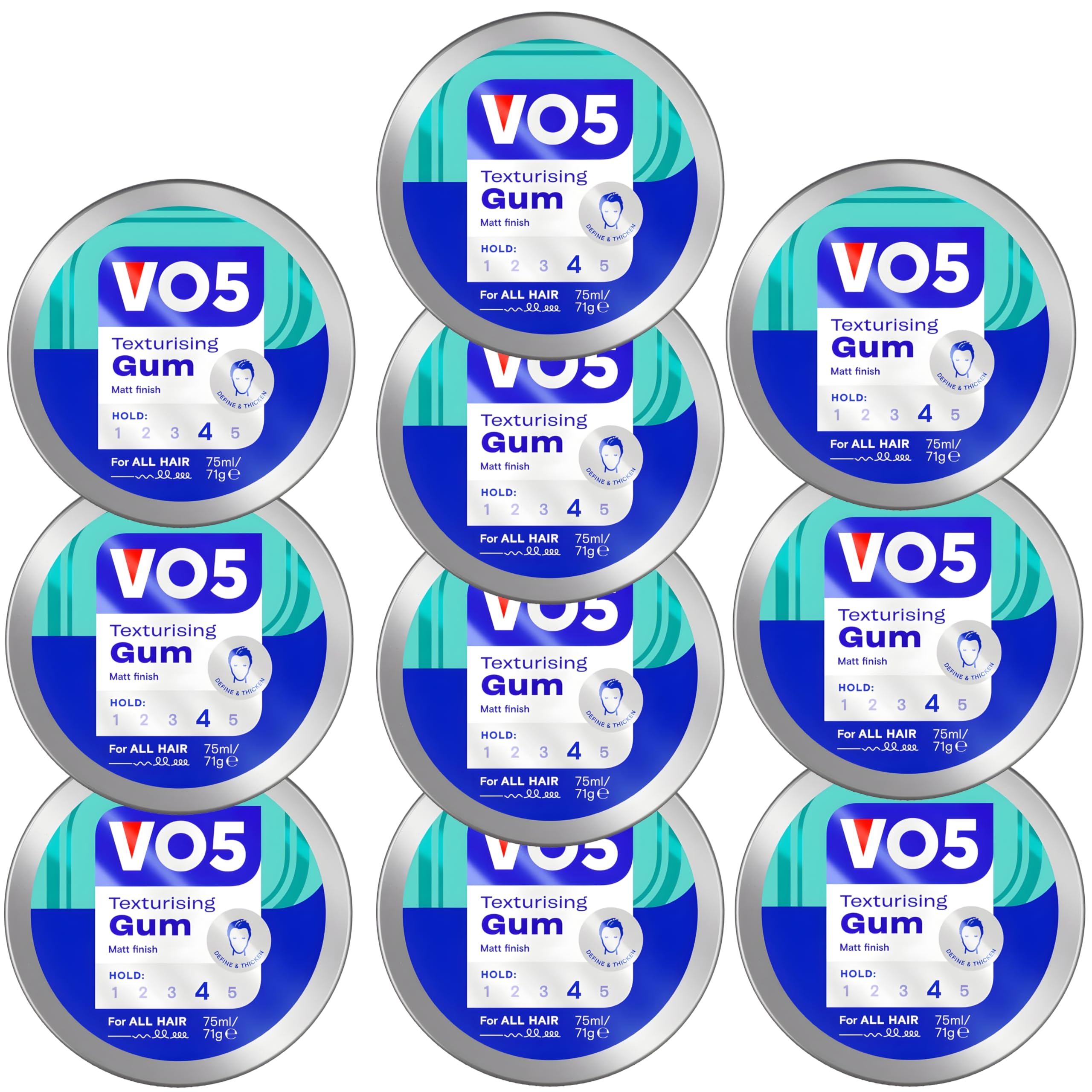 VO5 Texturising Gum with Extra Firm Hold for Natural & Stylish Look for Men Offers an All-day Hold and Ideal for Extreme Styling, Smoothing, Separating, and Texturizing, 75ml (Buy 10)
