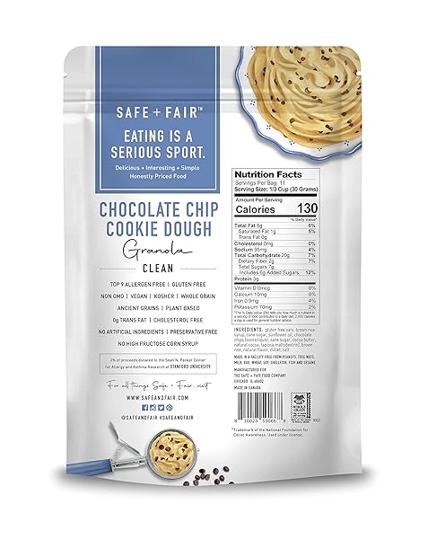 SAFE + FAIR CHOCOLATE CHIP COOKIE DOUGH GRANOLA – GLUTEN-FREE, DAIRY-FREE & VEGAN SNACK – ALLERGEN-FREE, NON-GMO, AND NO ARTIFICIAL INGREDIENTS – 12OZ PACK