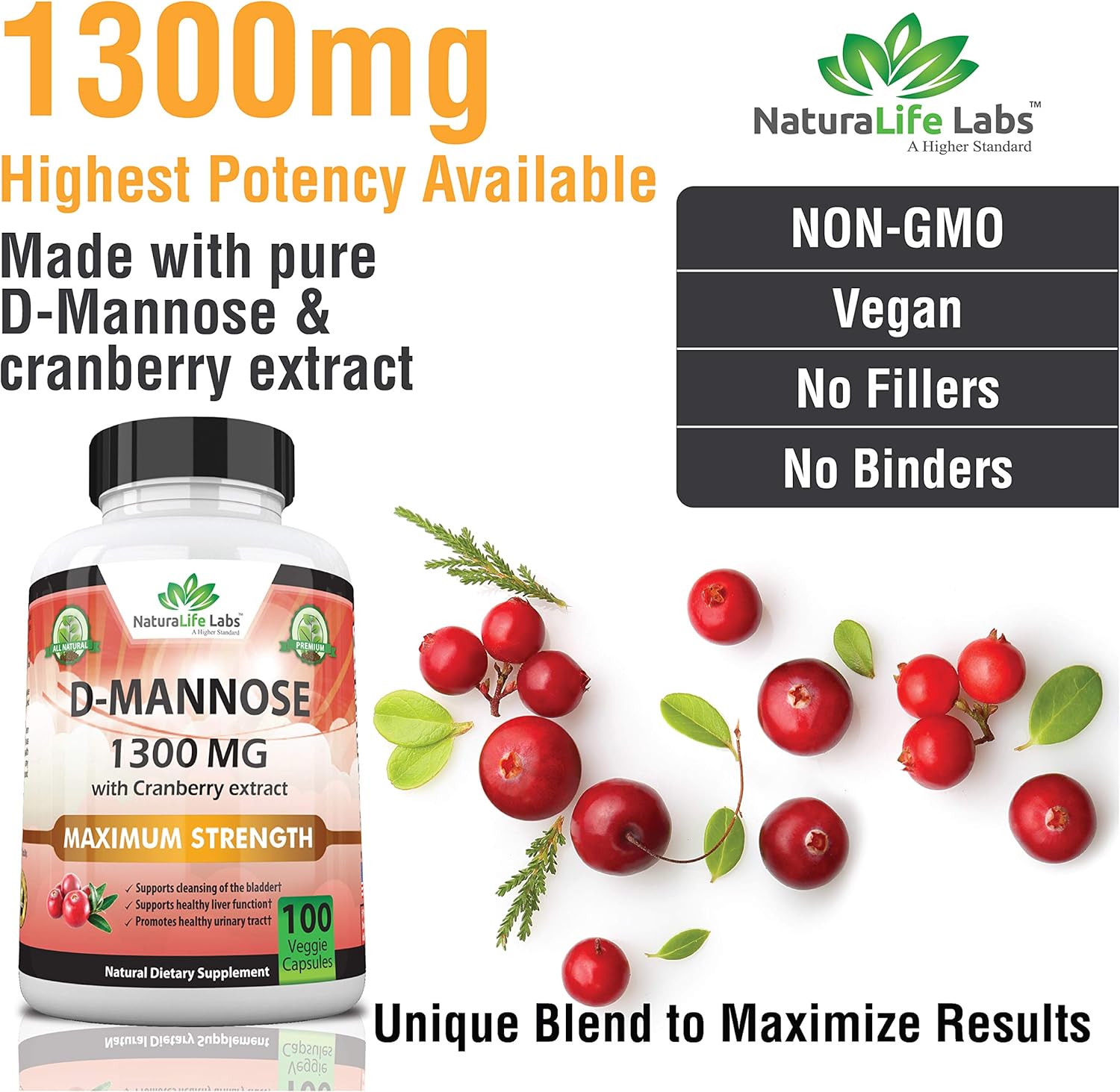D-Mannose 1,300 mg with Cranberry Extract Fast-Acting, Flush Impurities, Natural Urinary Tract Health- 100 Veggie Capsules: Health & Personal Care