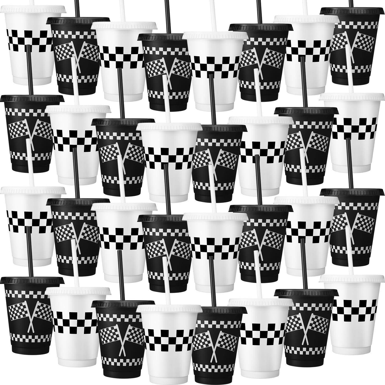 Photo 1 of Sieral 30 Pcs Checkered Cups with Straws and Lids 16 oz Race Car Cups White Black Checkered Flag Plastic Tumblers Reusable Iced Coffee Travel Mug for Racing Party Supplies Decorations