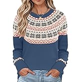LOMON Womens Casual Lightweight Vintage Fair Isle Sweater Raglan Sleeve Crew Neck Knitted Pullover Comfy Warm Fall Tops