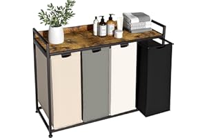 Herture Laundry Hamper with Shelf, Laundry Basket 4 Section, Laundry Sorter with Pull-Out Removable Large 4 Color Bags and Movable Wheels, Metal Frame, 4 x 15.87 Gallons (60L), Rustic Brown PF07XLN