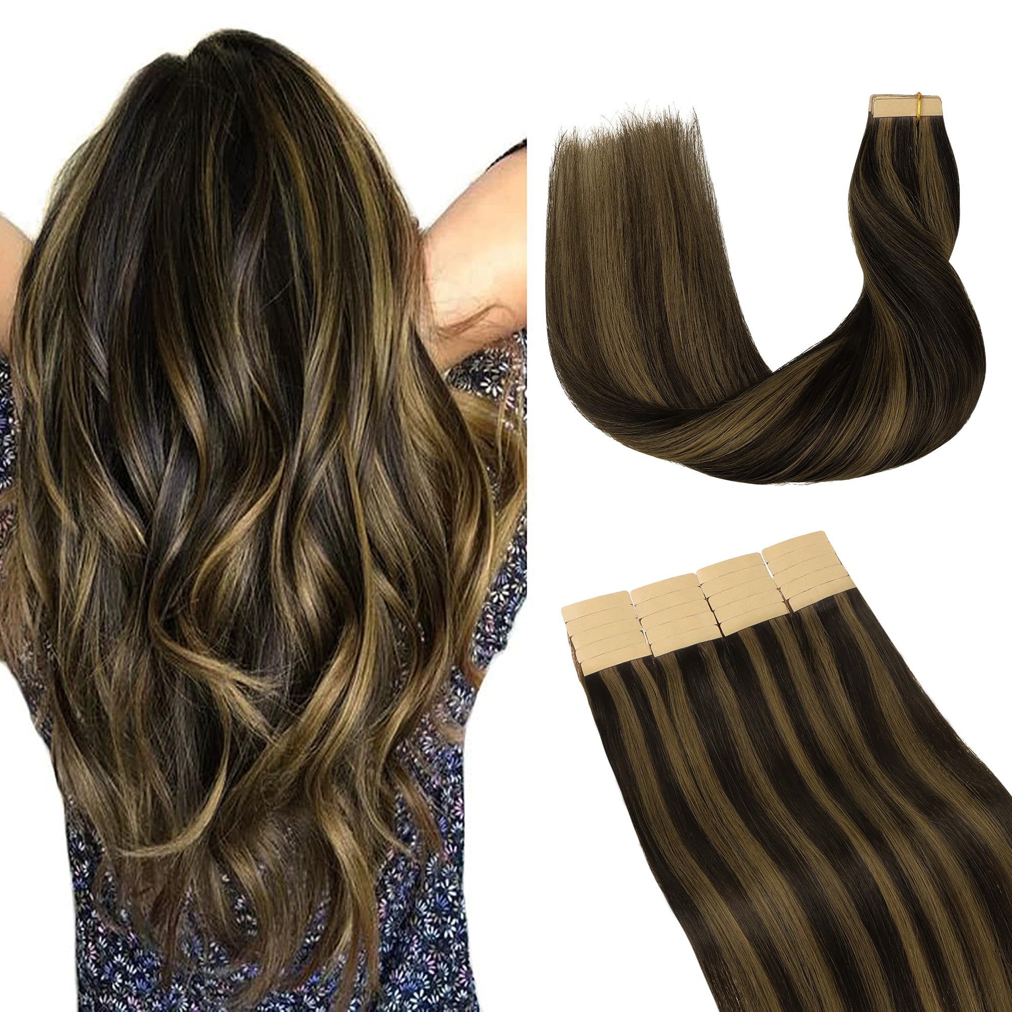 GOO GOO 20inch Tape in Hair Extensions Ombre Dark Brown Mixed Light Brown Real Human Hair Extensions Tape in 20pcs 50g — image 1