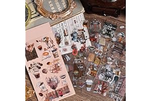 6 Sheets Scrapbook Stickers, Fecsam Vintage Stickers for Adults Kids Teens, Vintage Coffe, Teapot, Building for Planner Laptop Scrapbooking Jounaling Suitcase Cup (Tea)