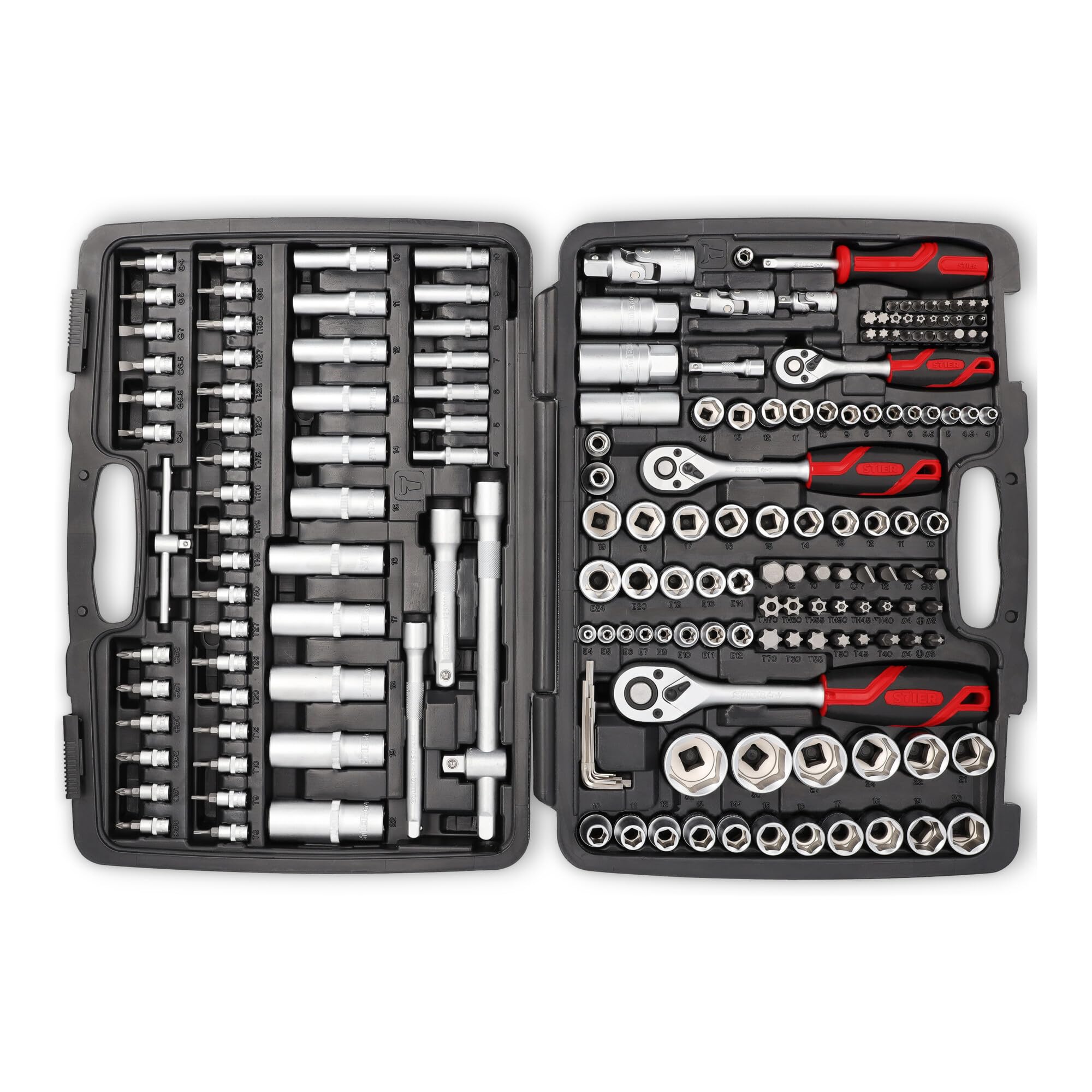 STIER Steckschlüssel Satz, 179-teilig, 1/2 Zoll 1/4 Zoll & 3/8 Zoll Umschaltknarre, Sechskant-Steckschlüsseleinsatz, Torx- Schlitz- Phillips- Pozidrive- Bit-Steckschlüsseleinsätze 4