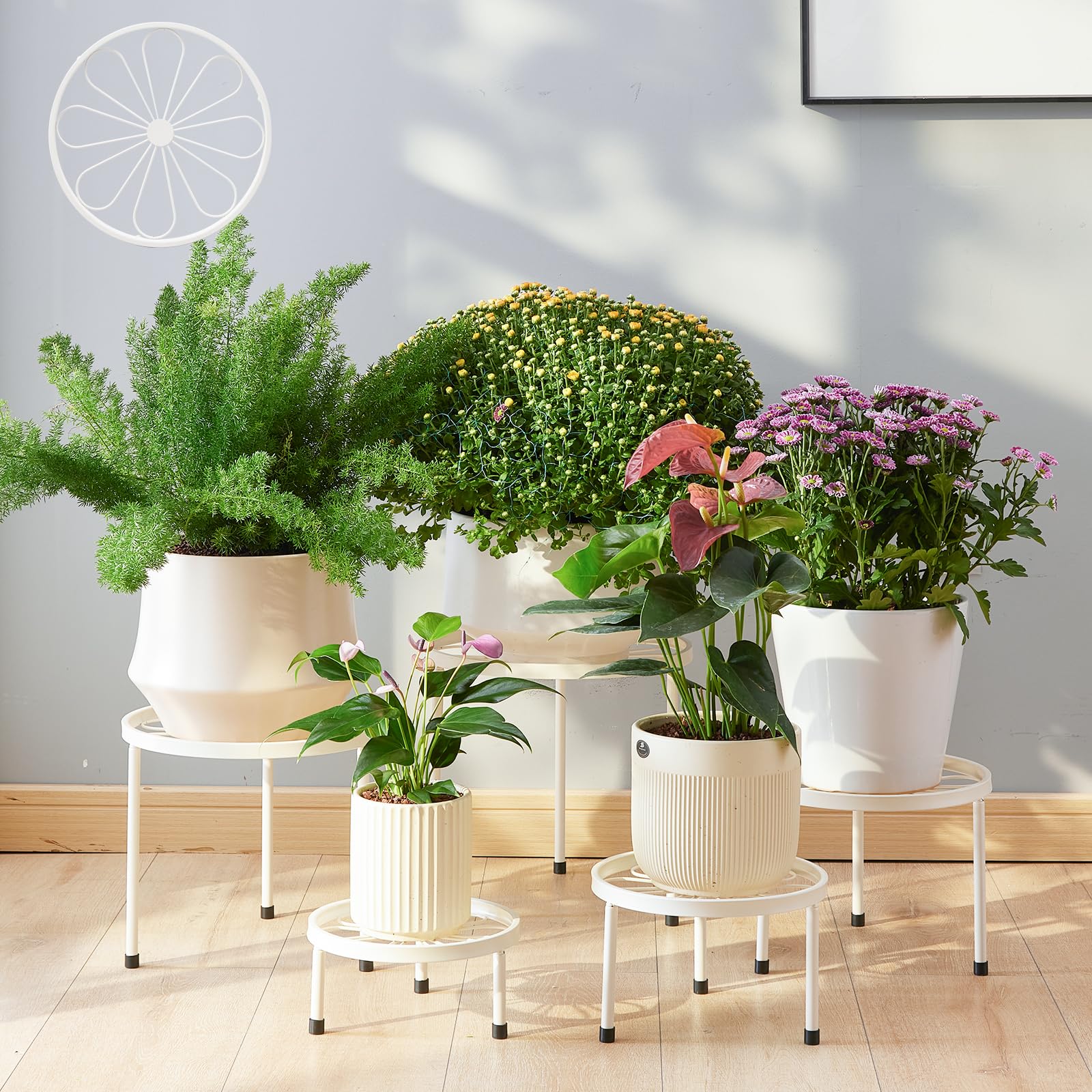 Photo 1 of Furshus Plant Stand,5 Pack Heavy Duty Flower Pot Stands,Metal Decoration Racks,Round Plant Shelf for Planter Outdoor and indoor (White)