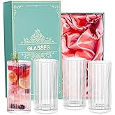 VasoArte Vintage Drinking Glasses, Art Deco Collins Ribbed Cocktail Glasses, Set of 4 Origami Style Glass Cups, Highball Glasses, Elegant Ripple Glassware,Ribbed Glasse for Cocktail, Whiskey, Juice