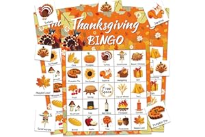 Leezead Thanksgiving Bingo Cards, 24 Players Fall Thanksgiving Bingo Game Thanksgiving Party Activity Thanksgiving Bingo Game Cards for Adults Classroom Family Activity Thanksgiving Party Supplies