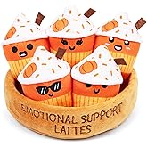 Emotional Support Lattes by Relatable, Soft & Cuddly Fall Plushies for Love Ones of All Ages, The Perfect Fall Gifts for Back to School, and Teacher Desk Buddy, Includes 5 Latte Plushies with Basket