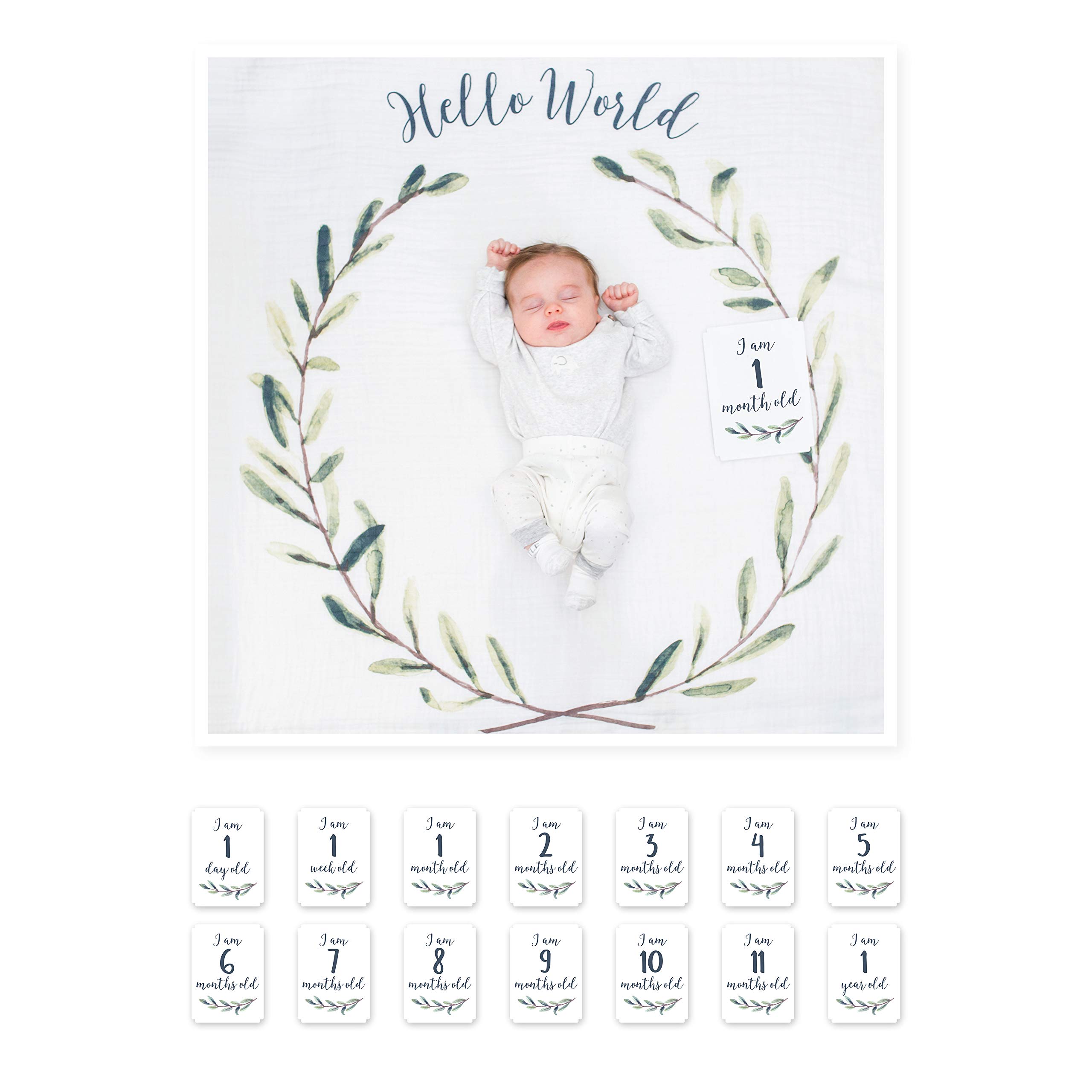 Lulujo Baby’s First Year Milestone Blanket and Card Set | 47in x 47in| Hello World!