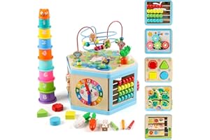 Vomocent Wooden Activity Cube for 1 Year Old Kids, Educational Learning Bead Maze for Toddler Age 1-3, Developmental Montessori Toys for 12-36 Months Boys Girls Gift