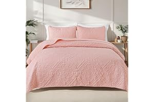 Exclusivo Mezcla Quilts Queen Size Bedding Set with 2 Pillow Shams, Lightweight Blush Pink Full Queen Quilt Bedspread with Vintage Damask Pattern, Soft Bedspreads Coverlets for All Seasons
