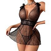 ADOME Sexy V Neck Polka Dots Sheer Lace Babydoll Lingerie Set Mesh Nighty Sleepwear