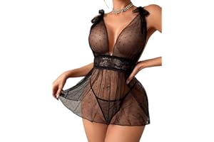 ADOME Sexy V Neck Polka Dots Sheer Lace Babydoll Lingerie Set Mesh Nighty Sleepwear