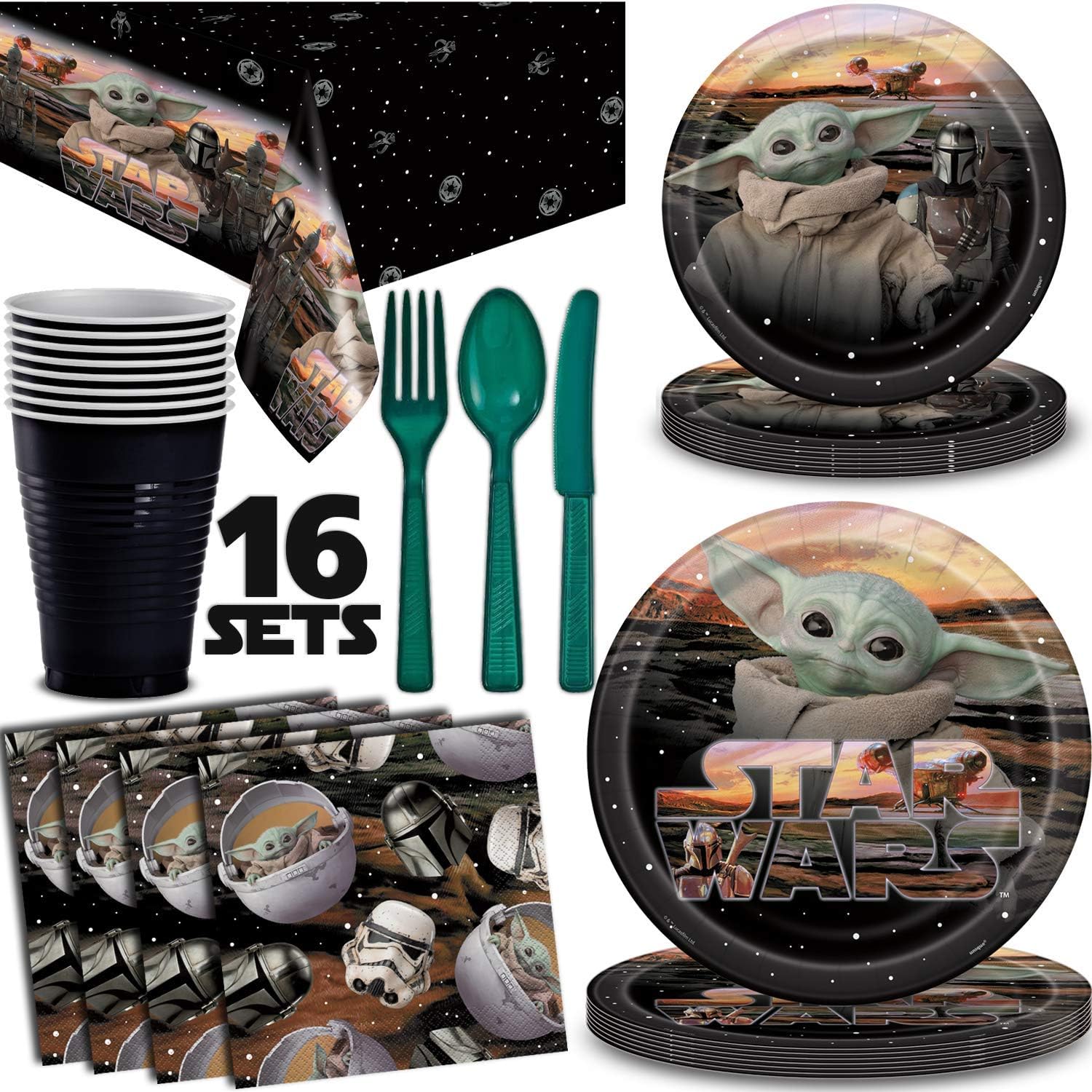 Baby Yoda Party Supplies for 16 Large Plates, Dessert