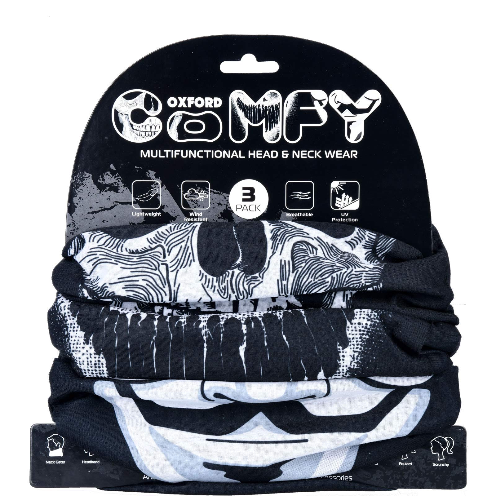 OXFORD Comfy Head Helmet Scarf Neck Warmer. Masks. 3-Pack. Head and Neck Wear Bike Scarf Base Layer. NW147, Black