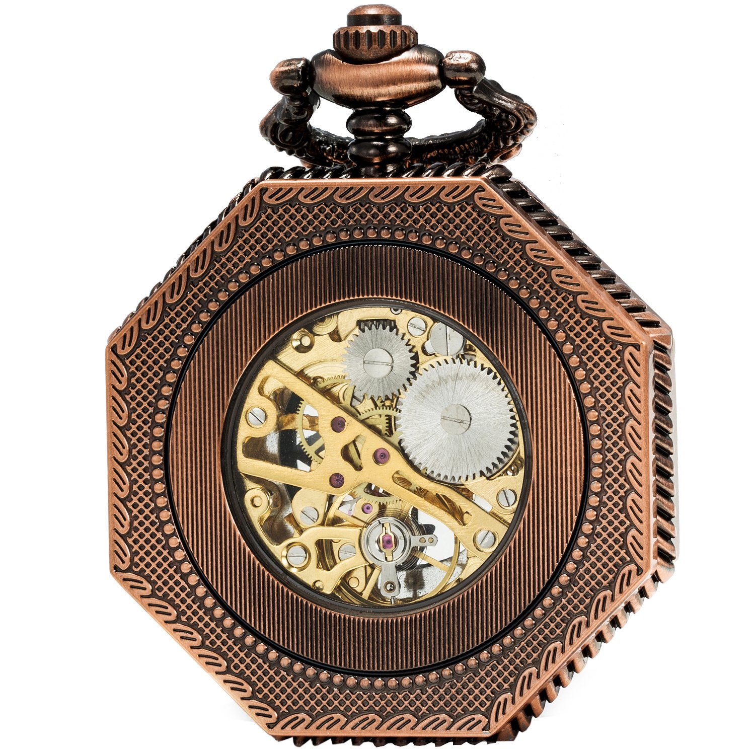 SEWOR Octagon Skeleton Pocket Watch Halloween Style Steampunk Mechanical Hand Wind (Red Copper)