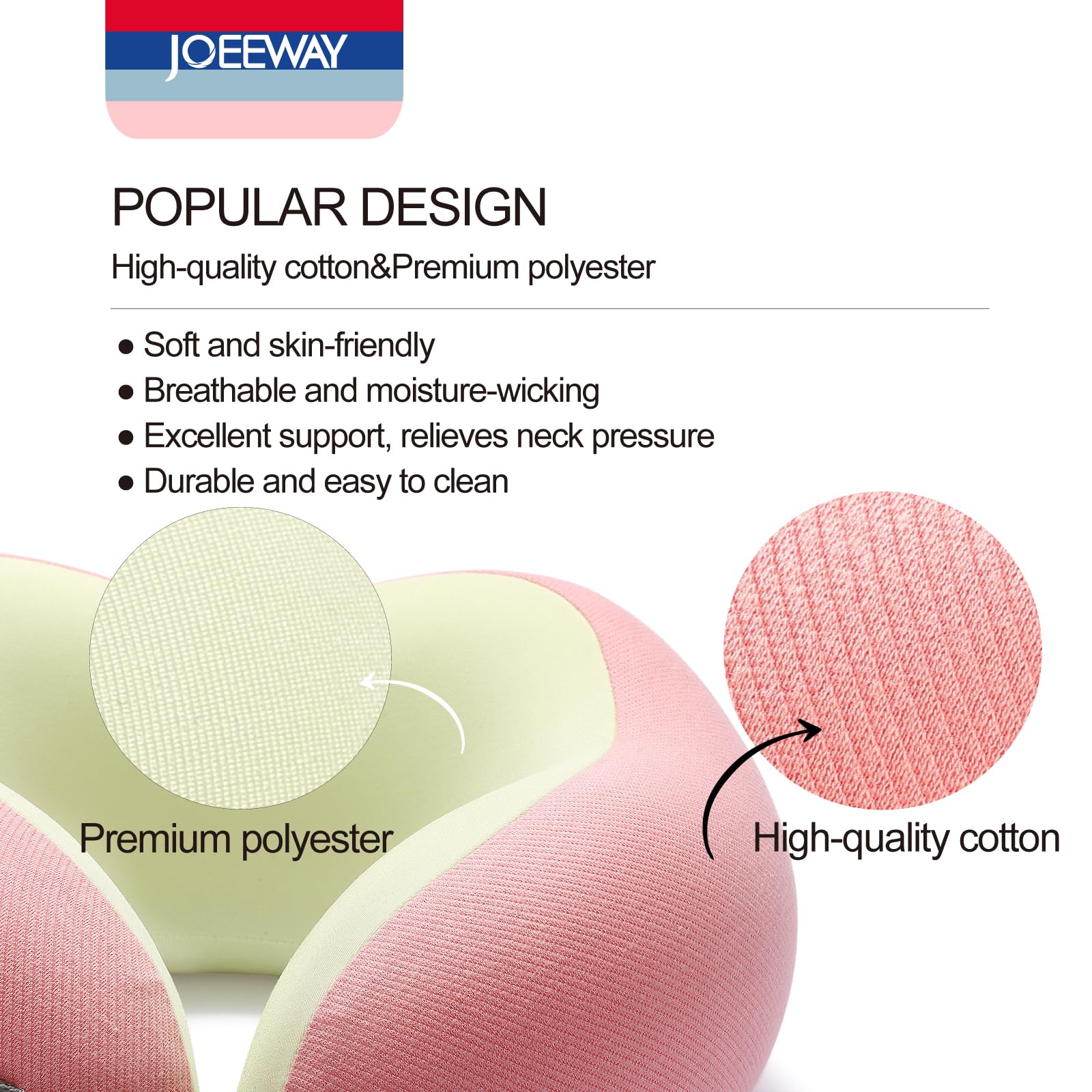 Joeeway Travel Pillow for Neck Support,Comfortable Travel Neck Pillow with Adjustable Strap,100% Pure Memory Foam Airplane Pillow,for Long Flight,Train,Pink