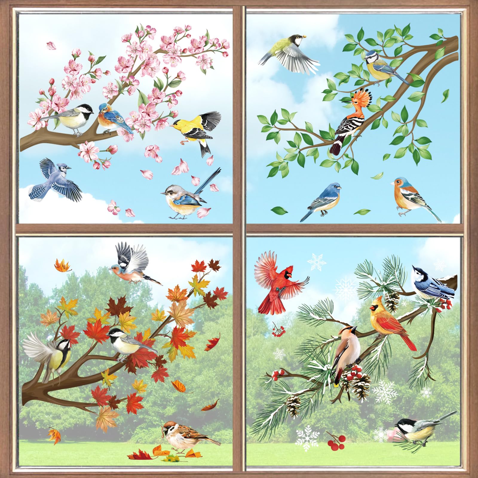 decalmile Spring Summer Birds Tree Branch Colorful Double Sided Window Clings Cherry Blossom Flower Branch Window Decals Anti-Collision Glass Window Doors Window Stickers — image 1