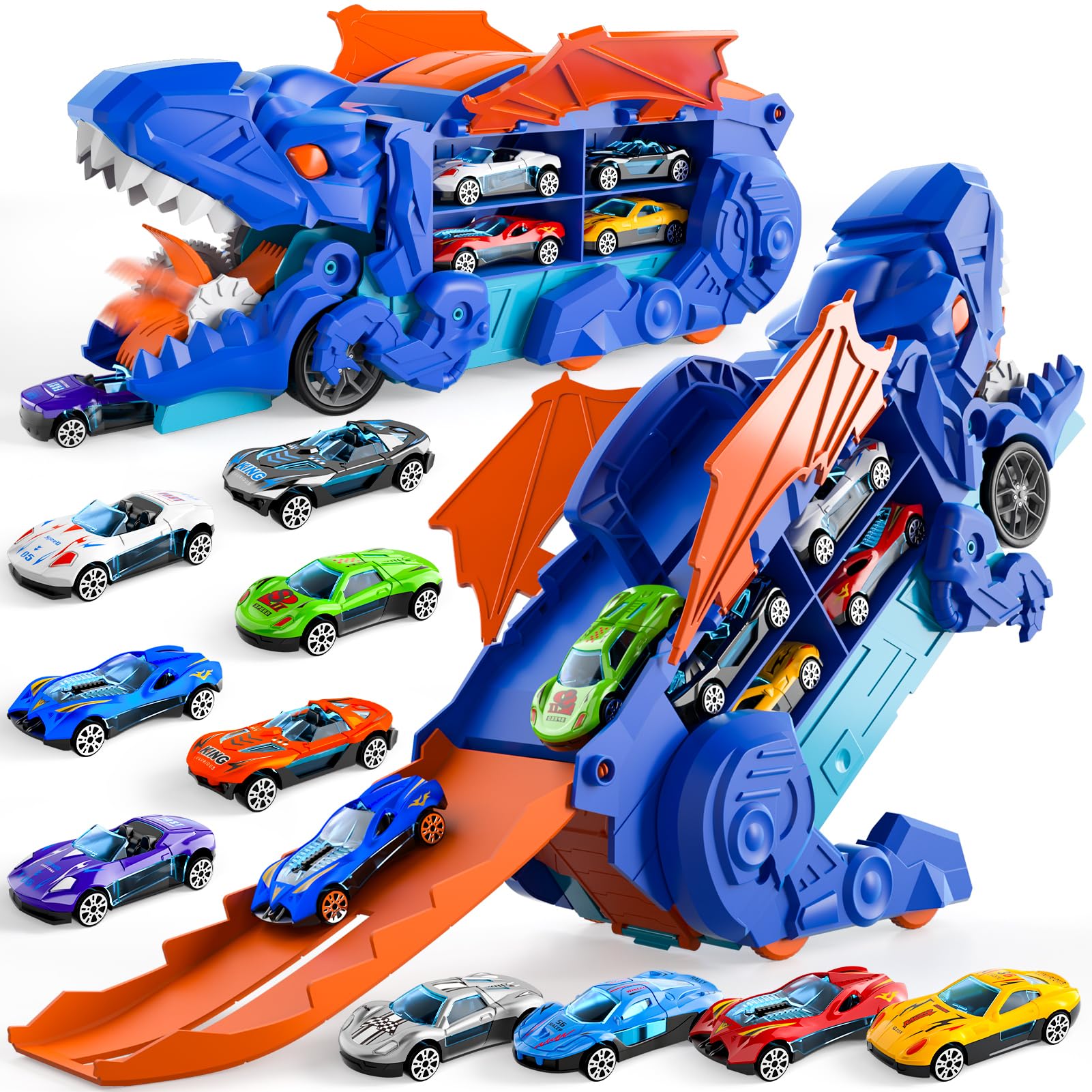 Toddler Truck Toys for 3 4 5 6 Years Old Boys, Toys Cars Track Set Dinosaur Transporter Truck with 10 Die-Cast Car Toy, Transforms into Dino, Toddler Car Set for Kids Boys Girls