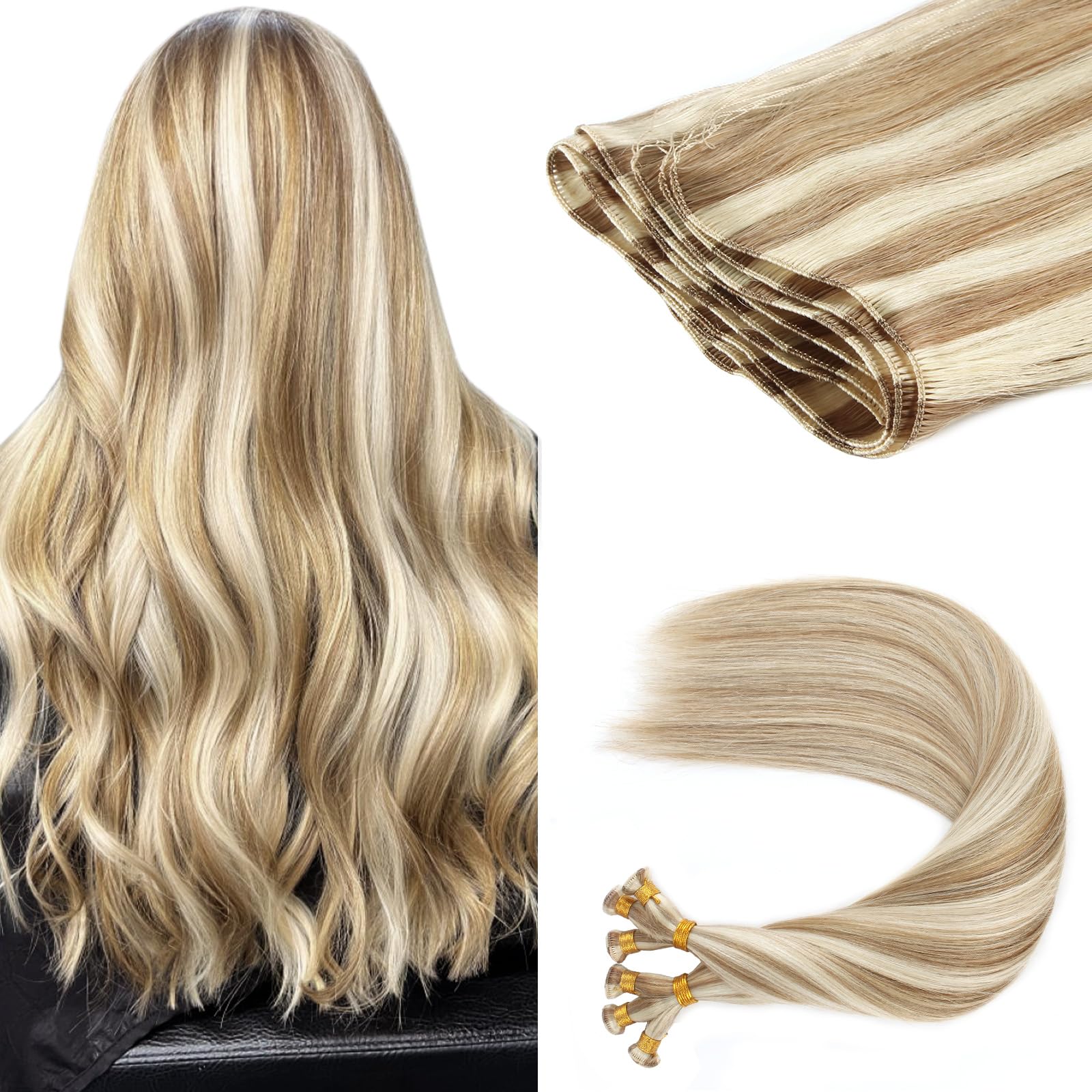 ABH AMAZINGBEAUTY HAIR Sew in Highlighted Hand Tied Weft Hair Extensions, Sew in Hair Extensions Weft Remy Human Hair, Dark Ash Brown With Platinum Blonde Highlights Color P8-60, 50 Gram, 18 Inch — image 1