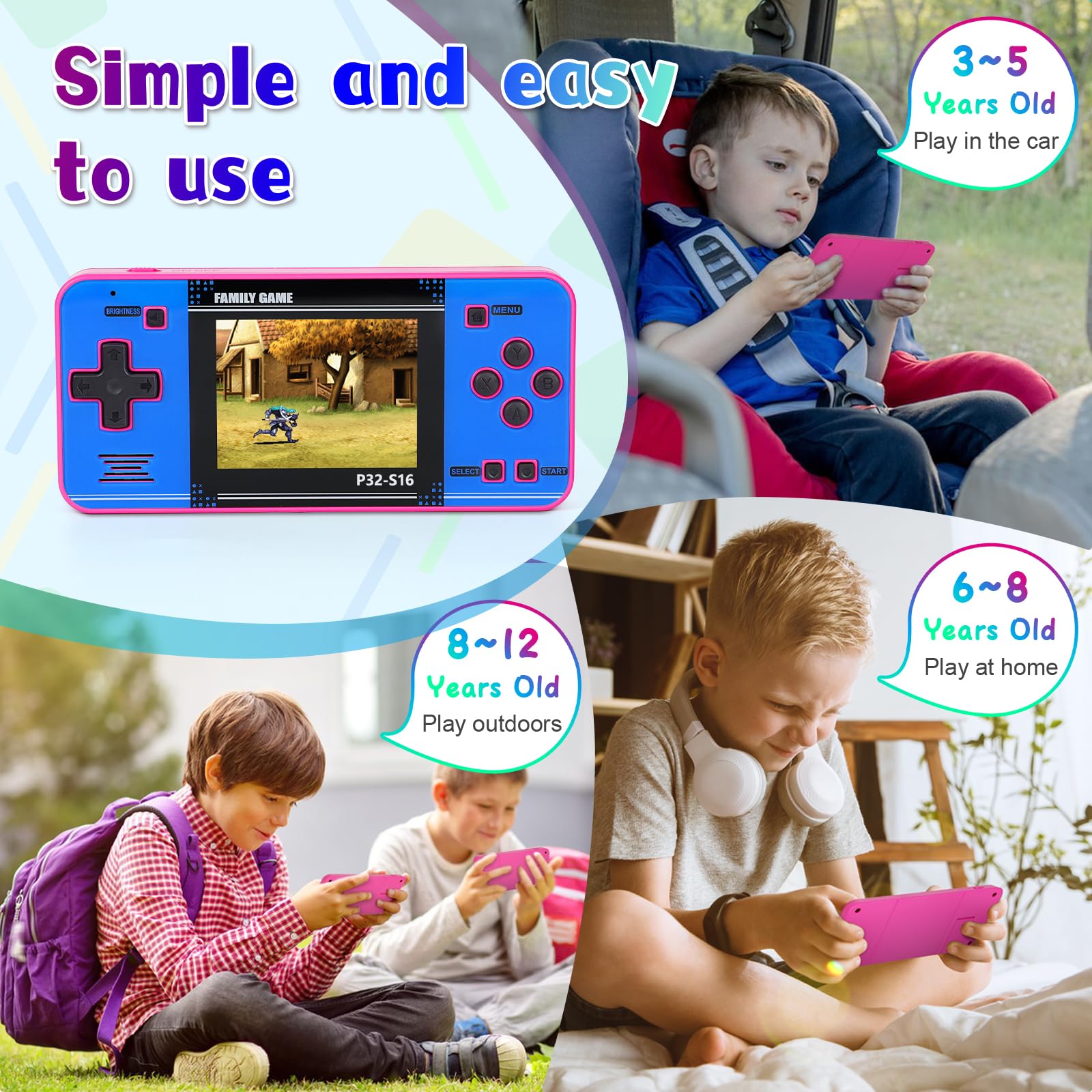 Handheld Game for Kids ，Built-in 220 32-bit Video Games, 3.0” IPS Screen, Rechargeable Portable Game , Travel Mini Arcade Electronic Toys Gift for Boys and Girls (Pink+Blue)