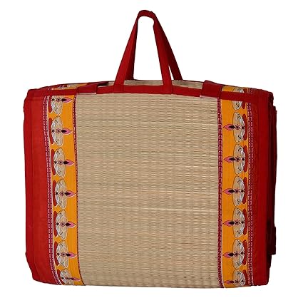Khadi Eco Basket Foldable River Grass Bedding Mat Medium In Red & Yellow (6.5x4ft)