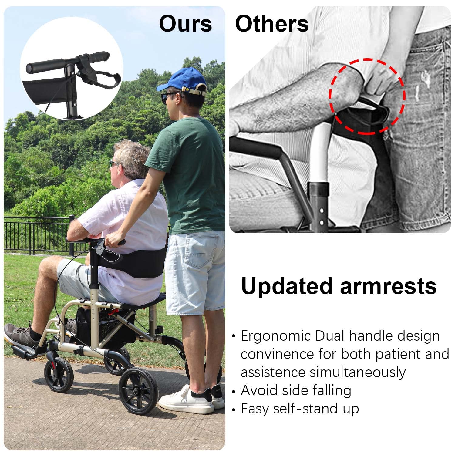 WALK MATE 2 in 1 Rollator Walker Transport Chair for Seniors, 10” Wheels Medical Rollator for Seniors with Widen Seat Backrest, Detachable & Adjustable Footrests Folding Walker Wheelchair Combo, Gold