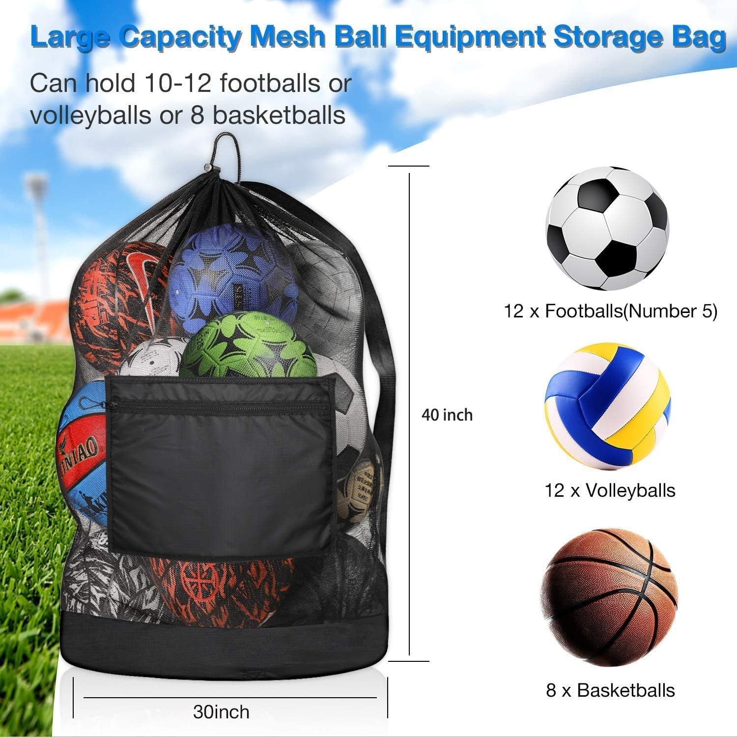 Extra Large Ball Bag, Duty Mesh Equipment Bag, Adjustable Shoulder and Portable Design Fit Adults and Kids, Large Front Pocket for Sporting Accessories, Best for Soccer Ball, Basketball, Swimming Gears : Clothing