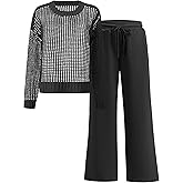 ANRABESS Womens 2 Piece Outfits Crochet Sheer Knit Sweater Top Wide Leg Pants Lounge Set Sweatsuit 2026 Spring Travel Clothes