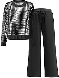 ANRABESS Womens 2 Piece Outfits Crochet Sheer Knit