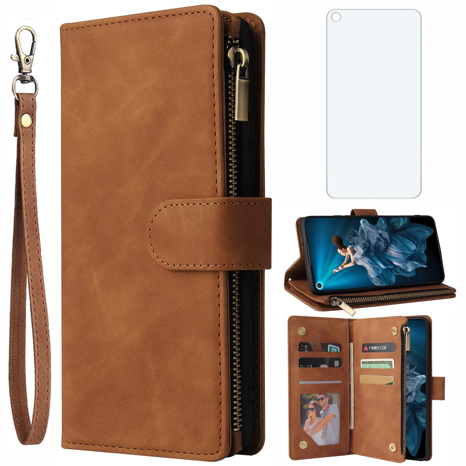 Asuwish Compatible with Huawei Nova 5T / Honor 20 Wallet Case Tempered Glass Screen Protector and Flip Cover Card Holder Stand Cell Phone Cases for Hawaii Hwauei T5 5 T Nova5T honor20 Women Men Brown — image 1