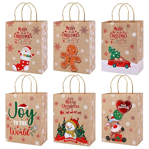 12PCS Christmas Gifts Bags, Kraft paper Goody Bags with Handles, Gift Bags for presents, Xmas Party Favour Xmas Treat Candy Sweets Gift wrapping christmas party supplies (Brown)