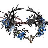 MOSTORY Woodland Antler Fairy Crown - Flower Antler Circlet for Fairy Costume Women Fairycore Renaissance Renfaire Cosplay